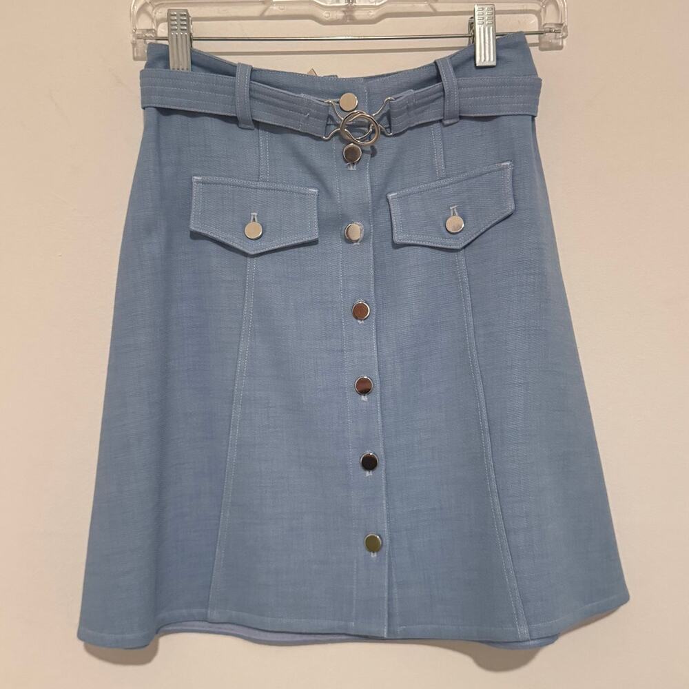 Maje Jamela Blue Button Front A-Line Skirt Belted Utility Pockets Size 36 (S)